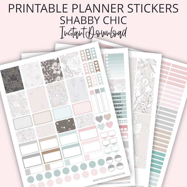 Shabby Chic Printable Planner Stickers, Boho Printable Planner Stickers, Floral Stickers, Erin Condren Stickers, Happy Planner Stickers