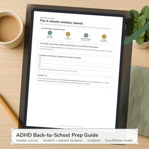 May include: A digital tablet displaying an ADHD Back-to-School Prep Guide with sections titled The 4-minute window, tamed, The Between-Classes Flow, The Carry-Light Rule, Student's Between-Classes Plan, and Parent Tip, featuring text and icons.