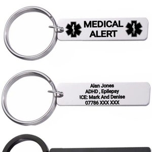 Personalised Medical Alert Keyring Customised Engraving Stainless Steel ID Name