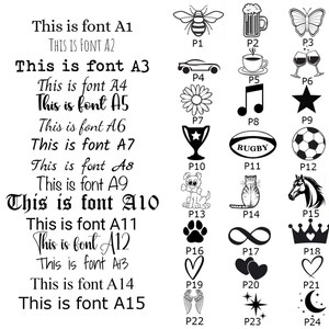 May include: A black and white image showing 24 different font styles with the text "This is font A1" through "This is font A15" and a corresponding image for each font style. The image styles include a bee, a beer mug, a butterfly, a car, a coffee cup, a wine glass, a flower, a musical note, a star, a trophy, a rugby ball, a soccer ball, a puppy, a cat, a horse, a paw print, an infinity symbol, a crown, a heart, wings, a star, and a crescent moon.