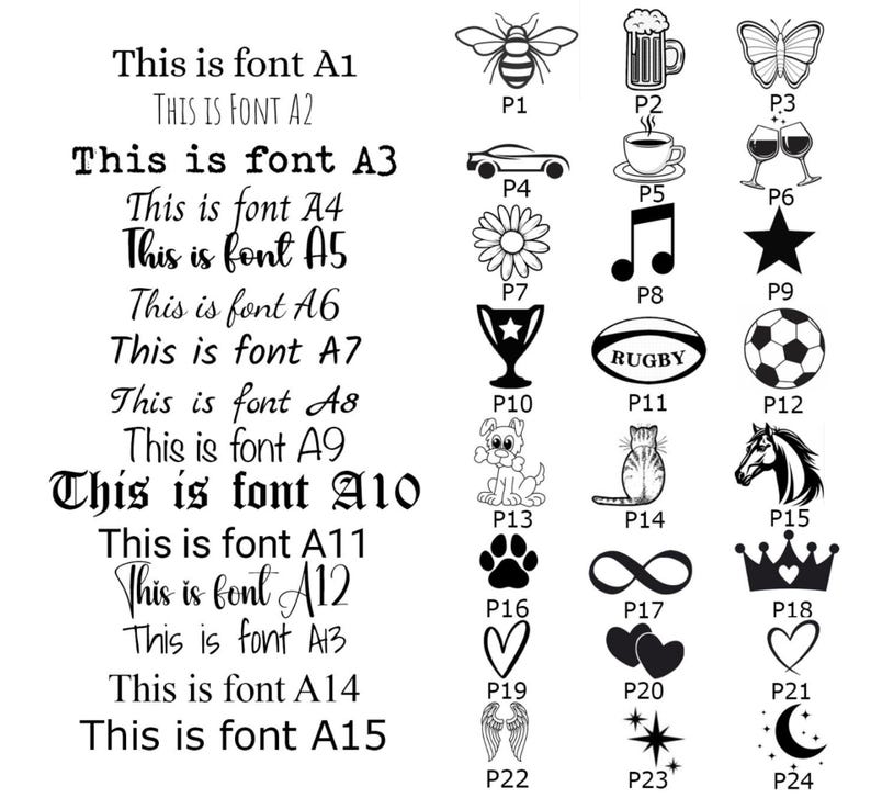 May include: A black and white image showing 24 different font styles with the text "This is font A1" through "This is font A15" and a corresponding image for each font style. The image styles include a bee, a beer mug, a butterfly, a car, a coffee cup, a wine glass, a flower, a musical note, a star, a trophy, a rugby ball, a soccer ball, a puppy, a cat, a horse, a paw print, an infinity symbol, a crown, a heart, wings, a star, and a crescent moon.