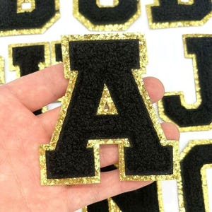 Large 8.5cm Black Chenille Patch Letter Patches Iron on /Sew on Alphabet Gold