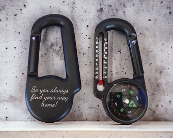 Personalised Compass Carabiner Thermometer 3 in 1 Keyring Outdoor Hiking Engraved Gift Teacher Survival