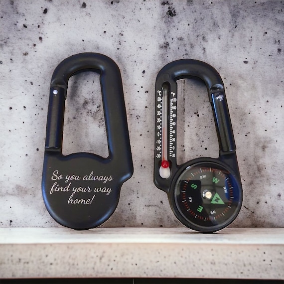 Personalised Compass Carabiner – Engraved Adventure Mother's Day Gift, Keyring, Thermometer, Custom Outdoor Hiking, Camping Travel, Explorer