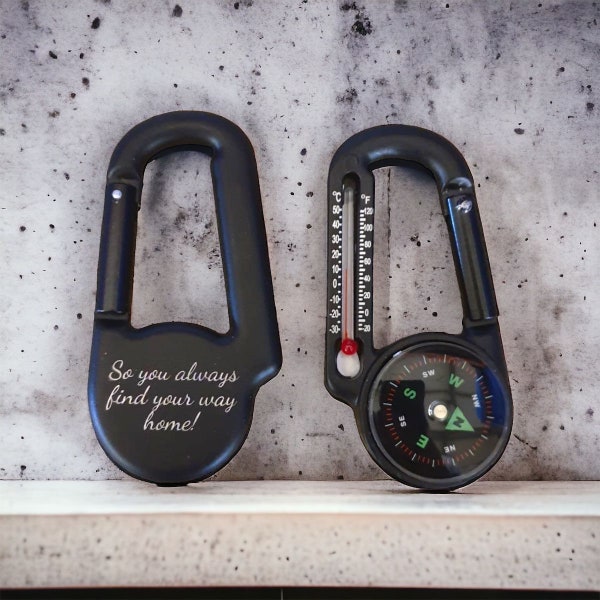 Personalised Compass Carabiner Thermometer 3 in 1 Keyring Outdoor Hiking Engraved Gift Teacher Survival