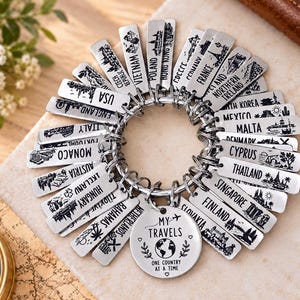 May include: A circular metal keyring featuring a central round charm engraved with the text MY TRAVELS ONE COUNTRY AT A TIME and a globe icon, surrounded by numerous rectangular metal tags, each engraved with a country name and a landmark illustration.