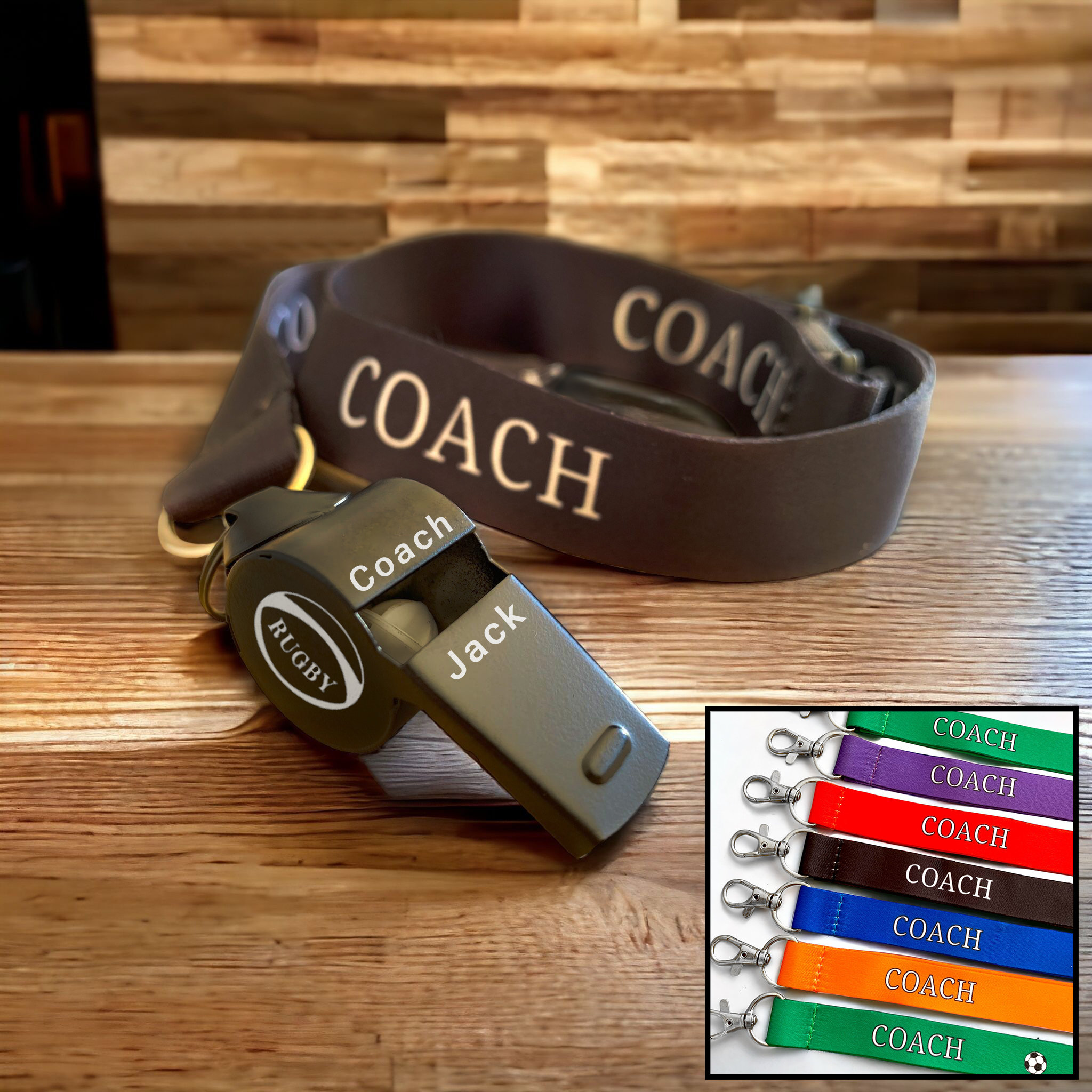 Personalised Black Whistle with Lanyard: Stainless Steel Engraved Coach, Referee, Sports Gift