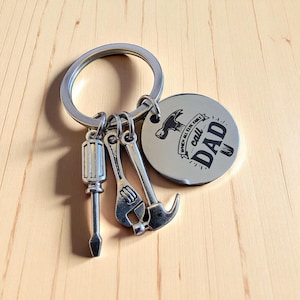 Personalised Tool Keyring: Engraved Stainless Steel Dad, Handyman or Builder Gift with Charms