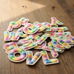 Meerkleurige letterpatches van 5,5 cm opstrijkbare/naaiende kleding alfabetten