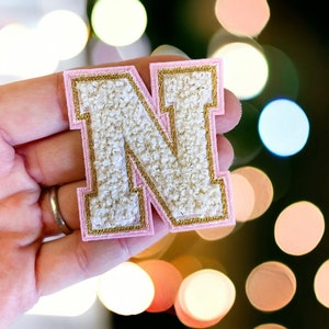 5.5cm Beige & Pink Chenille Patch Letter Patches Iron on /Sew on Retro Alphabet Gold