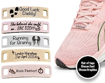 Personalised Marathon Shoe Tags: Engraved Stainless Steel Trainer Tag with Custom Font & Icon Choices
