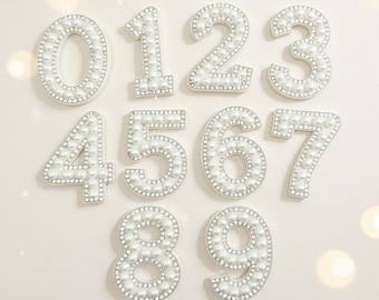 White Pearl Silver Rhinestone Sparkle 4.6cm Number Patches Alphabet Embroidery Clothes