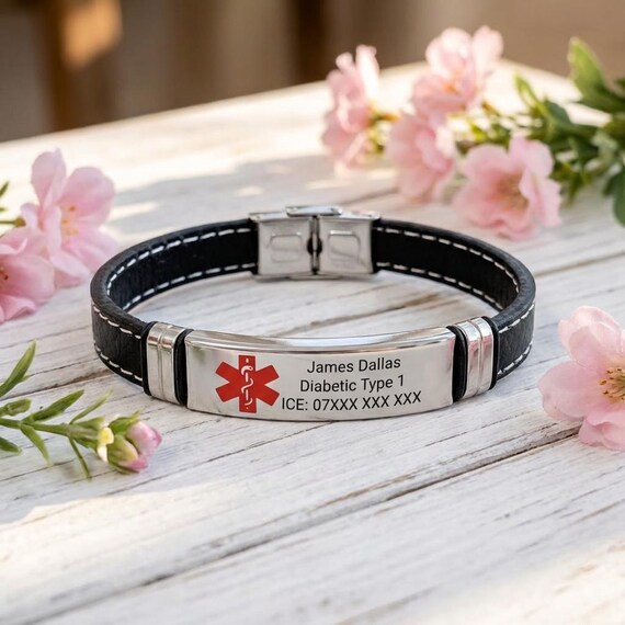 Black Medical Alert ID Bracelet For Men Women - Stainless Steel SOS Leather Bangle