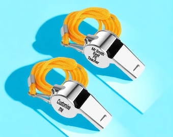 Personalised Whistles (Pack 2/4) Engraved Silver Metal Referee Sports Yellow Rope Rugby Football Customised