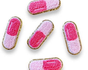 Tablet / Pill Embroidered Pink Logo Patch Badge Iron On / Sew On Fancy Dress