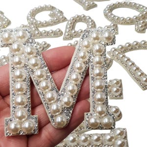Pearl Rhinestone Letter Patch: Silver Iron-On Alphabet (6.7cm)