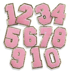 May include: Ten pink felt iron-on patches with gold glitter outlines, each featuring a different number from 1 to 10.