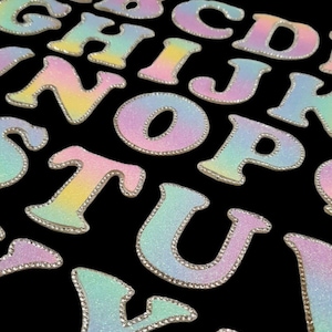 Parches de letras multicolores con purpurina pastel para planchar o coser en ropa con bordados del alfabeto retro