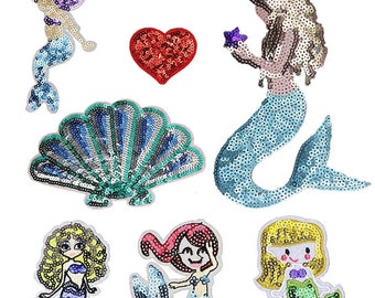 Mermaid Embroidered Sequin Iron On Sew On Patch Patches Ocean Sea Clothes Applique