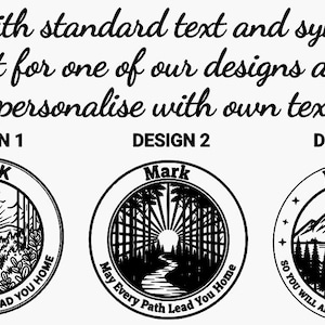 Op de afbeelding: Drie cirkelvormige zwart-wit grafische ontwerpen met natuurtaferelen. Ontwerp 1 toont een bospad en de zon. Ontwerp 2 toont een zonnig bos. Ontwerp 3 toont bergen en een meer. De tekst luidt: Stick with standard text and symbols or opt for one of our designs and personalise with own text.