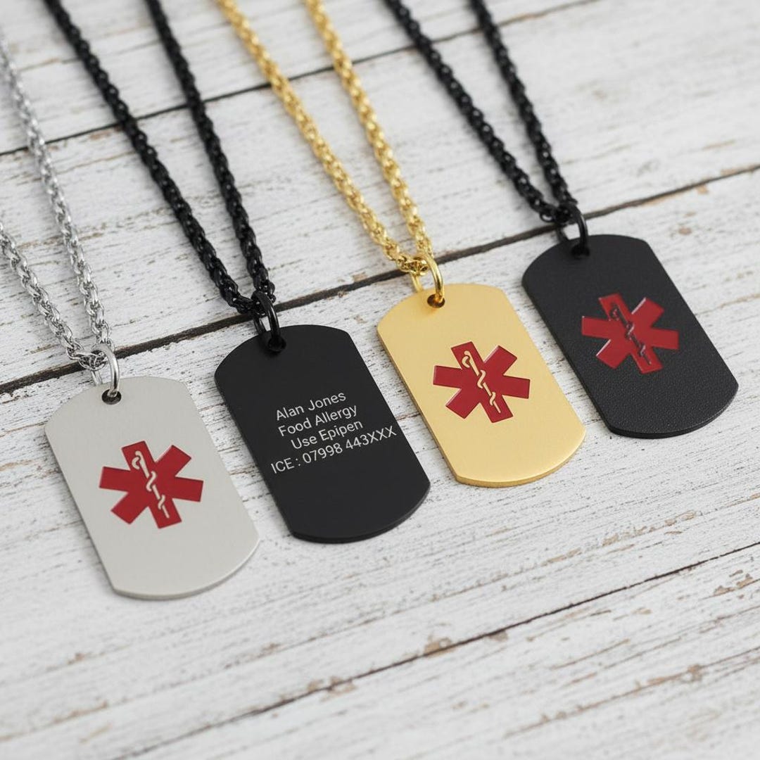 Personalised Medical Alert Necklace Black, Silver, Gold Dog ID Tag ...