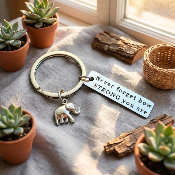 Personalised Elephant Charm Keyring, Custom Engraved Message, Mental Health Support Gift, Strength Keepsake for Mum, Friend, Elephant Lover