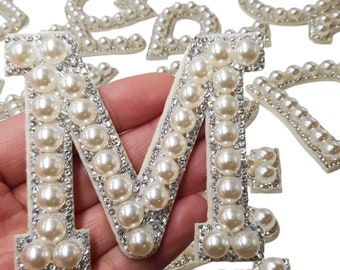 Grandes perles blanches et strass argentés scintillants, 6.7cm, patchs de lettres à coudre/repasser sur les vêtements brodés de l'alphabet