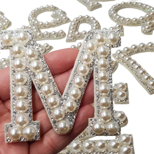 Large White Pearl Silver Rhinestone Sparkle 6.7cm Letter Patches Sew on / Iron on Alphabet Embroidery Clothes