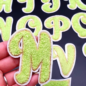 Green / Gold Chenille Letter Patch Patches Iron on / Sew on Alphabet Embroidery Clothes