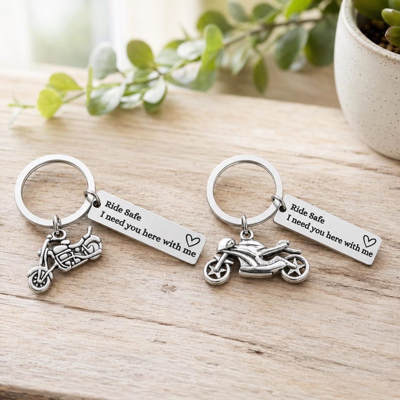 Personalised Motorbike Keyring, Ride Safe I Need You Here With Me, Motorcycle Keychain, Biker Gift for Him, Boyfriend Husband Dad Gift image 1