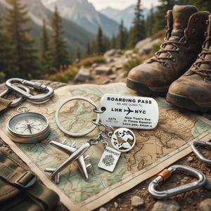 Personalisierter Flugticket-Schlüsselanhänger - Individuell gravierte Bordkarte mit Flugzeug-, Globus- und Passport-Anhängern, Reisegeschenk, Gepäckanhänger, personalisiert