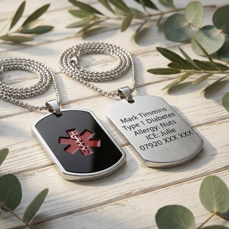Personalised Medical Alert Necklace | Black, Red & Silver | Dog Tag ID ...