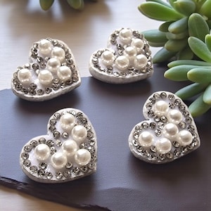 Pearl Rhinestone Heart Patch: Silver, Iridescent, Gold Love Appliqué (2.2cm x 1.9cm) - 2 Pcs
