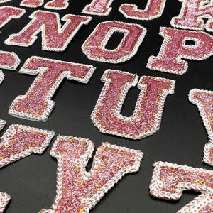Glitter Pink Letter Patch Patches Iron on / Sew on Retro Alphabet Embroidery Clothes