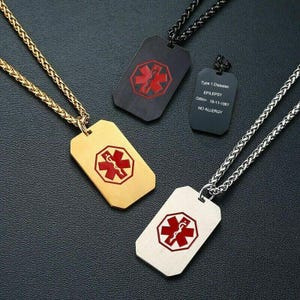 Personalised Medical Alert Necklace Customisable Black, Silver, Gold Dog ID Tag for Engraving Stainless Steel Name