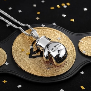 Personalised Boxing Glove Necklace – Stainless Steel Custom Engraved Gift, Christmas Present for Him Gold Silver Black Motivational Keepsake