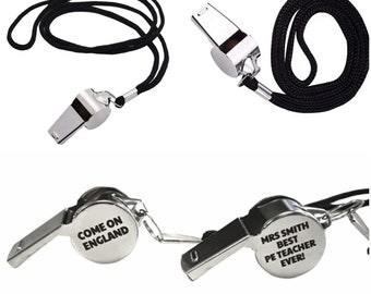 Personalised Whistles (Pack 2) Engraved Silver Metal Referee Sports Black Rope Rugby Football Customised