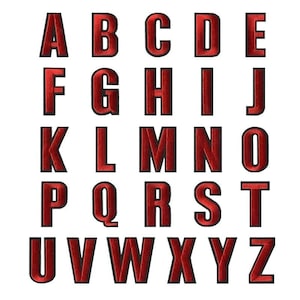 May include: Red felt alphabet letters with black outlines. The letters are arranged in alphabetical order in five rows.