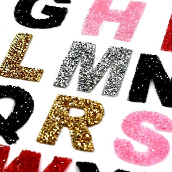 Parches de letras brillantes de 5,3 cm con diamantes de imitación, color negro, dorado, plateado, rojo y rosa, para planchar, ropa bordada con alfabeto