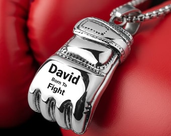Collar de guante de boxeo personalizado con grabado de placa de identificación de boxeador. Colgante de joyería.