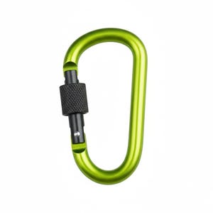 May include: A lime green carabiner featuring an asymmetrical D-shape design. The metal frame is smooth and rounded, while the gate mechanism includes a black, textured, cylindrical screw-lock sleeve and a small silver pin at the base.