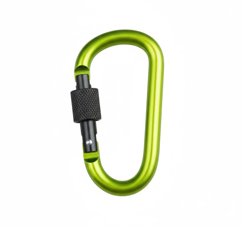May include: A lime green carabiner featuring an asymmetrical D-shape design. The metal frame is smooth and rounded, while the gate mechanism includes a black, textured, cylindrical screw-lock sleeve and a small silver pin at the base.