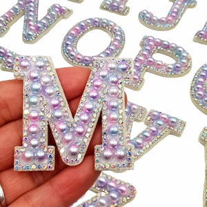 Parches de letras con diamantes de imitación AB de color lila perla de 4,6 cm para coser o planchar, bordados para ropa