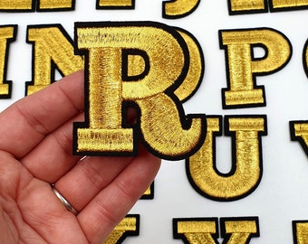 LARGE Gold / Black Letter Patch Patches Iron on / Sew on Alphabet Embroidery Clothes