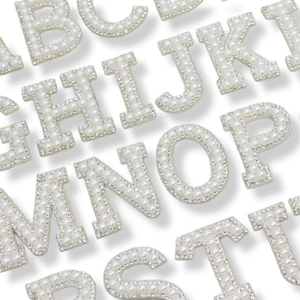 Blanc perle argent strass scintillant 4,6 cm lettres lettres à coudre/repasser alphabet broderie vêtements