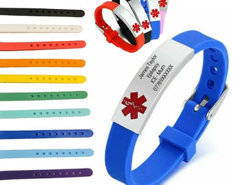 Personalised Medical ID Alert Bracelet Children/Adult Engraved Engraving Stainless Steel Silicone
