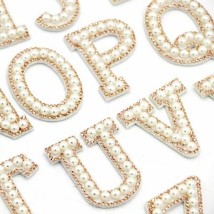 NUEVOS parches de letras pequeñas de 3,5 cm con diamantes de imitación dorados y perlados blancos para coser o planchar, bordados para ropa