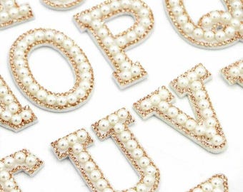 Pearl Rhinestone Letter Patch: Gold Sparkle Iron-On Applique (3.5cm) Alphabet Patches