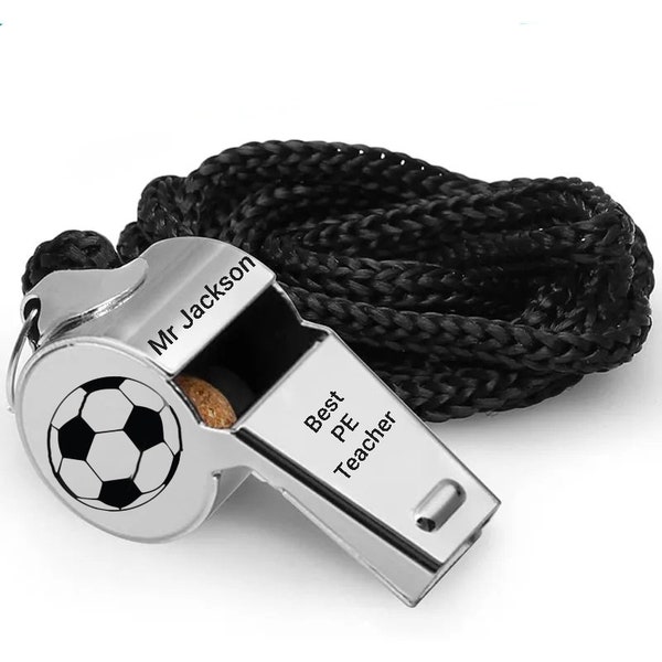 Sifflet personnalisé gravé en métal argenté pour arbitre, corde de sport, rugby, football, cadeau personnalisé pour la Saint-Valentin, football