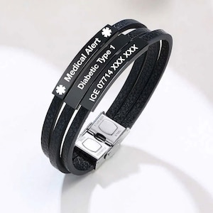 Personalised Medical Alert Bracelet Engraving Stainless Steel ID Name Name ICE Engraved Customised Leather
